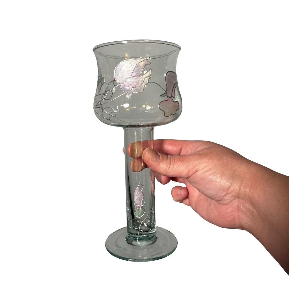Vintage Iridescent Floral Art Glass Goblet Vase Hand Painted Pedestal Cottage